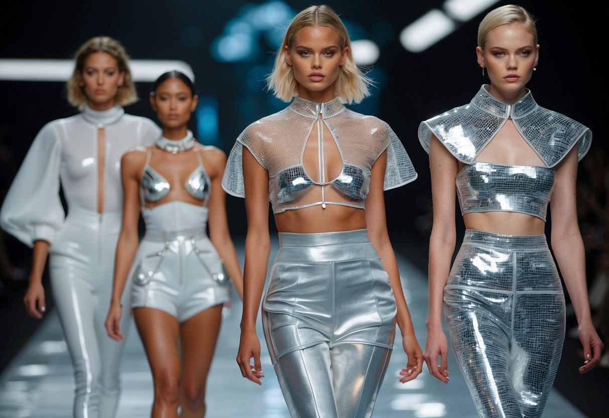 A runway with futuristic designs, holographic fabrics, oversized accessories, and bold patterns. Models strut with confidence, showcasing sustainable and gender-neutral pieces. Technology-infused garments and avant-garde silhouettes dominate the scene