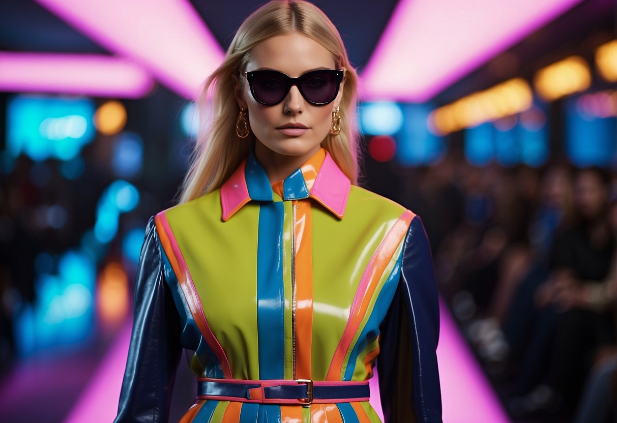 Vibrant neon colors pop against a futuristic backdrop, showcasing the top 10 fashion trends for 2024. Bold patterns and sleek silhouettes dominate the scene, creating a dynamic and eye-catching display