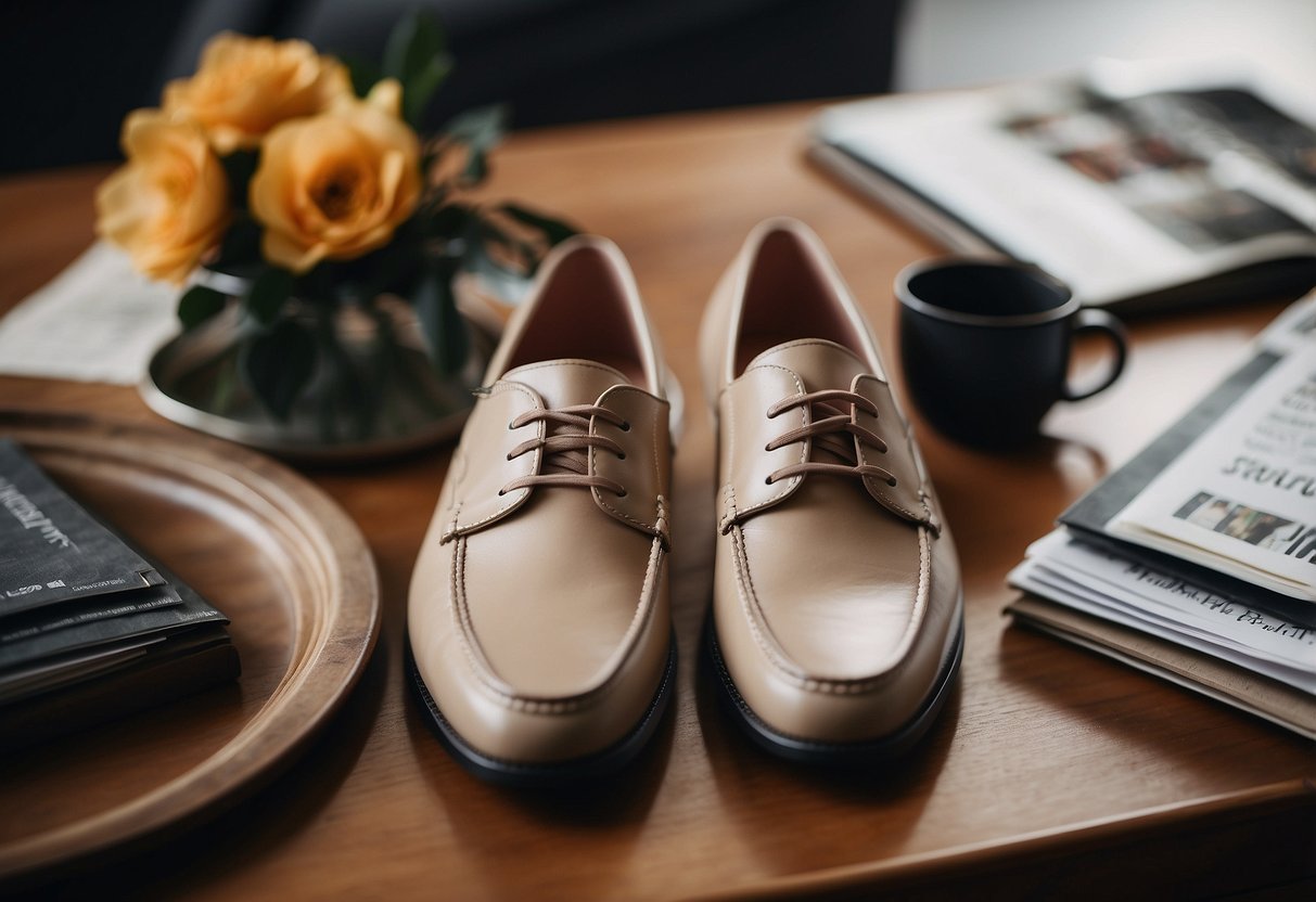 A pair of chunky loafers placed next to a magazine titled "Top 10 Fashion Trends to Watch for in 2024" on a sleek, modern table