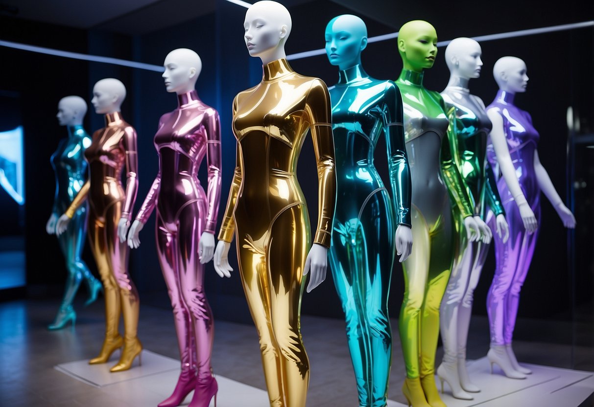 A display of futuristic athleisure wear on sleek mannequins in a high-tech showroom with holographic projections of fashion trends for 2024