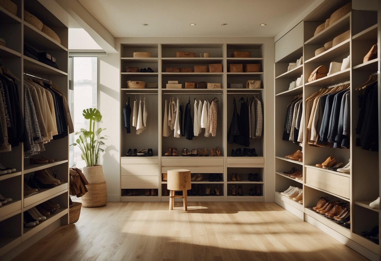 A closet with day and night outfits, shoes, and accessories arranged neatly on shelves and hangers. Sunlight streaming in through a window