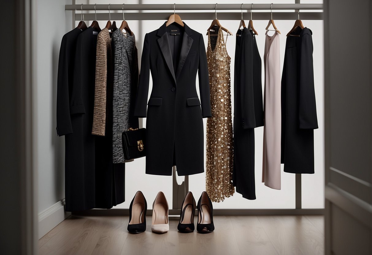 A closet with a variety of key wardrobe staples, such as a classic blazer, versatile black dress, statement accessories, and interchangeable shoes. The scene transitions from day to night with the addition of bold jewelry and a sleek clutch