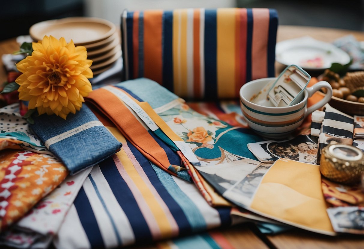 A table with a variety of patterned fabrics laid out, including stripes, florals, and polka dots, alongside a color wheel and fashion magazines for inspiration