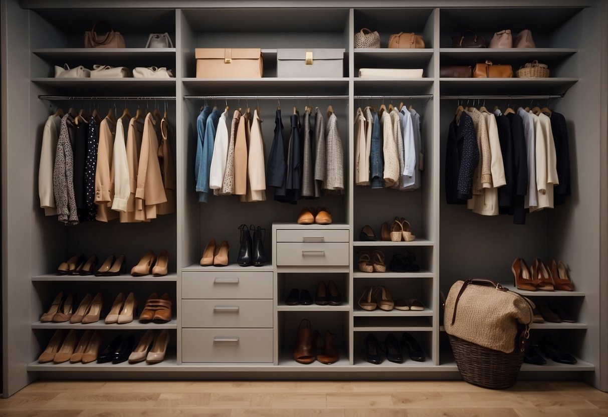 A closet with day and night outfits laid out, shoes and accessories arranged nearby. Lighting shifts from bright to dim