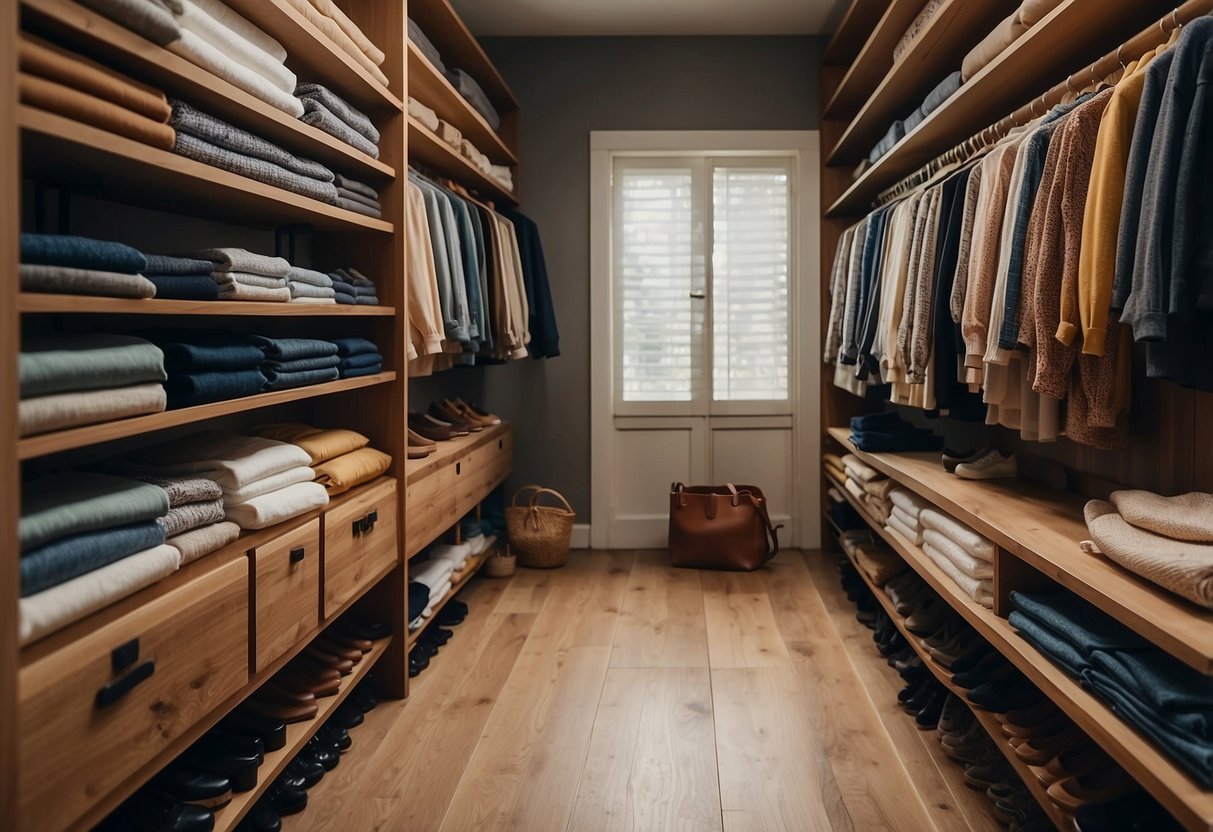 A closet filled with organic cotton, hemp, and recycled fabric clothing. Eco-friendly accessories and shoes made from sustainable materials neatly organized on wooden shelves