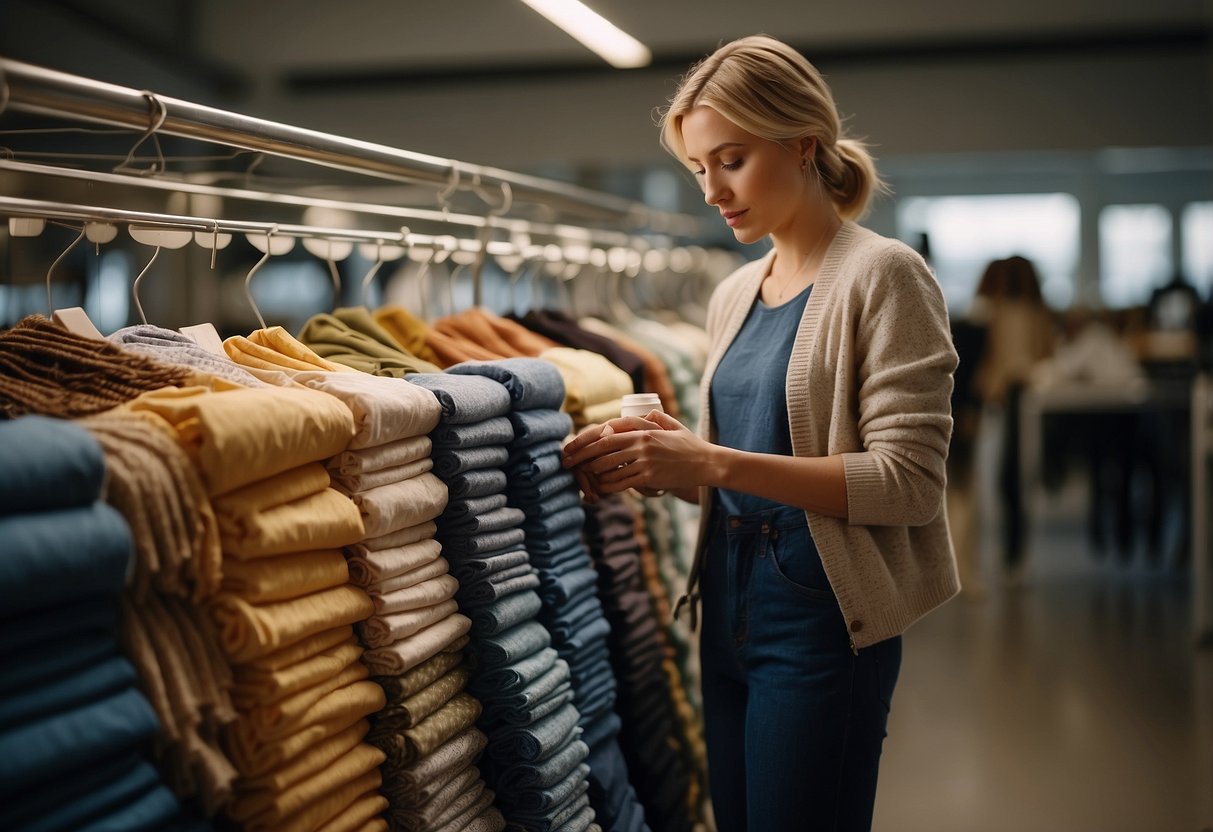 A person carefully chooses eco-friendly fabrics and natural dyes from a variety of sustainable materials for their fashion collection