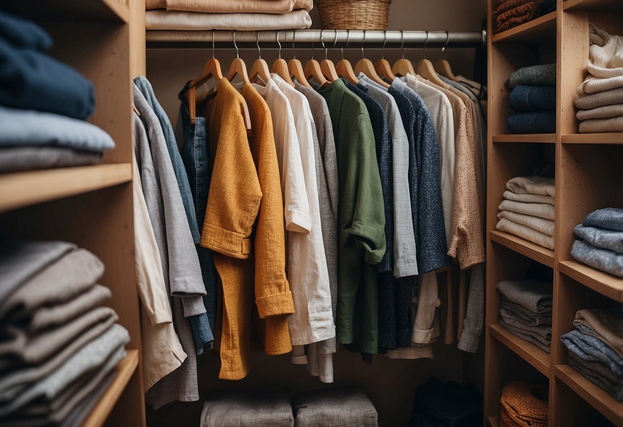 A closet filled with organic cotton, linen, and recycled fabric clothing. Reusable bags and sustainable accessories neatly organized on shelves