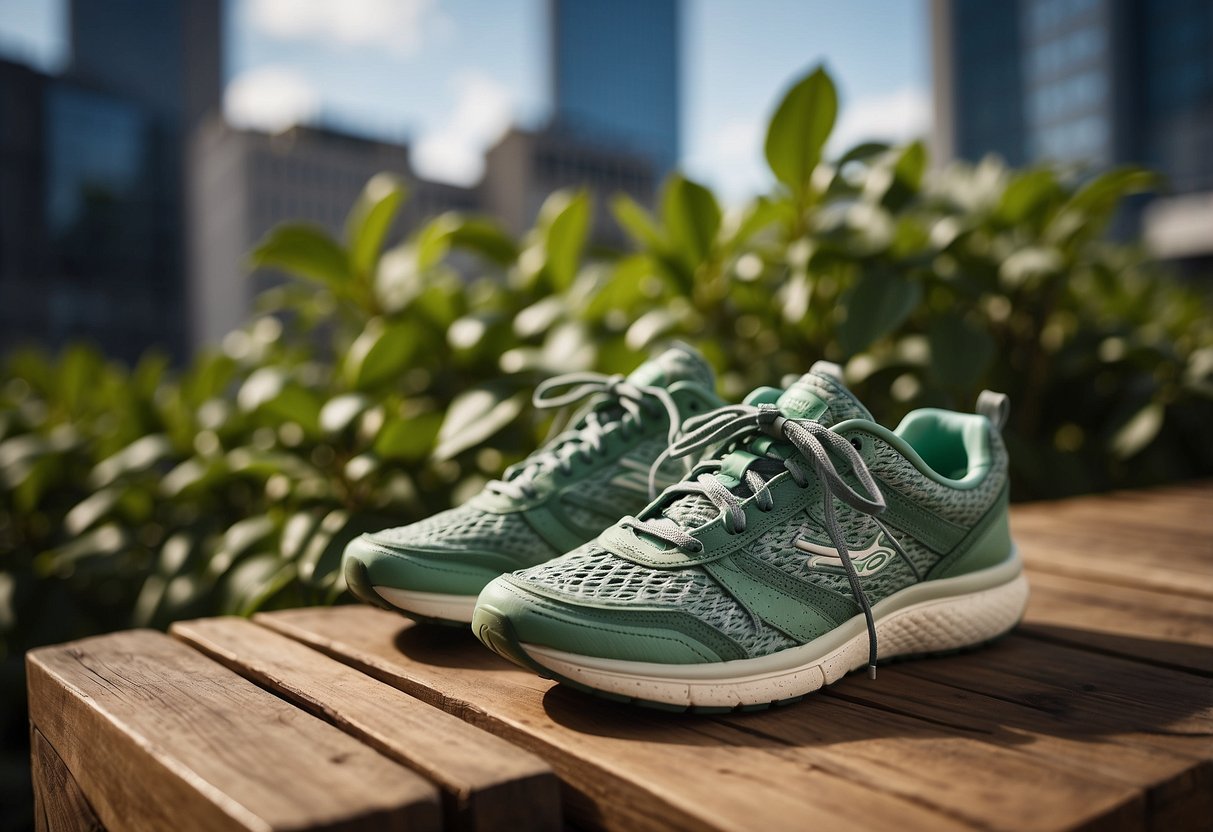 A pair of running shoes made from recycled materials sits on a wooden bench, surrounded by greenery and urban architecture. The juxtaposition represents the evolution of athleisure from the gym to everyday streetwear