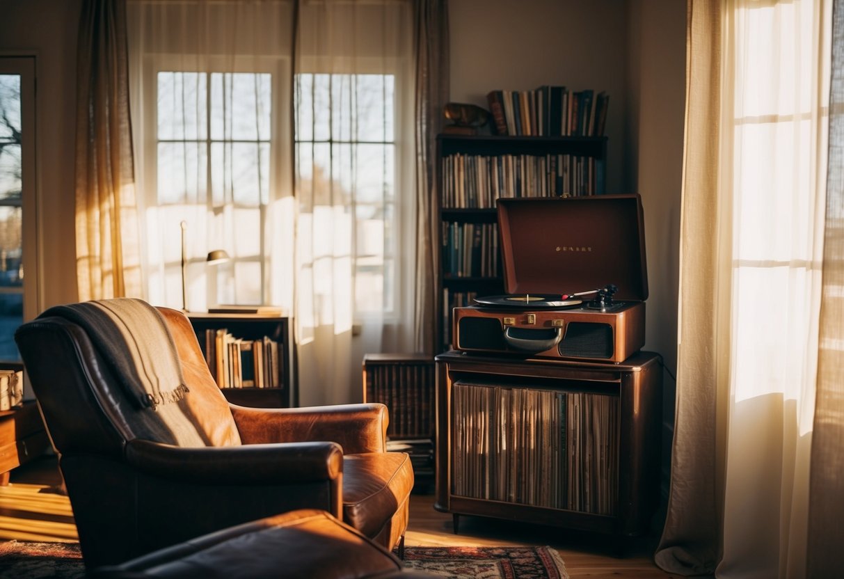 A cozy vintage living room with a record player, old books, and a worn leather armchair. Sunlight filters through sheer curtains, casting a warm glow on the room