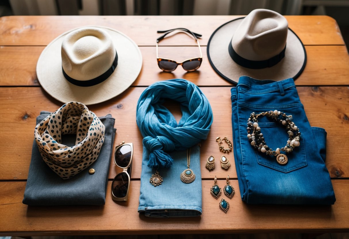 A vintage casual outfit laid out on a wooden table with a mix of accessories such as scarves, hats, sunglasses, and jewelry