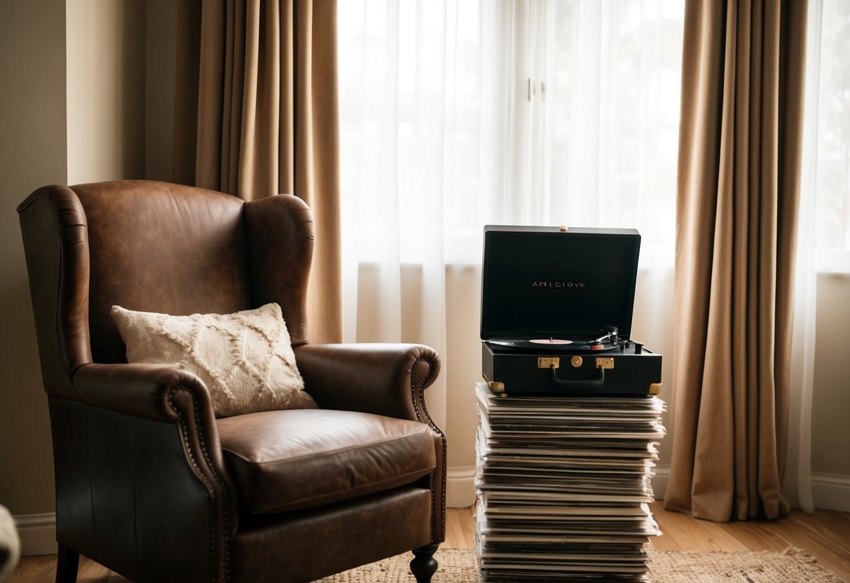 A cozy living room with a worn leather armchair, a vintage record player, and a stack of well-loved vinyl records. A soft, warm light filters through the curtains, creating a relaxed and inviting atmosphere