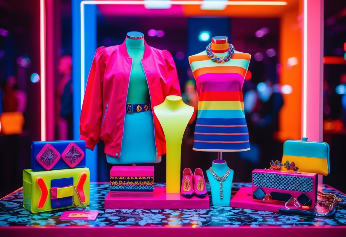 A colorful and bold 80s fashion display with neon, patterns, and statement accessories