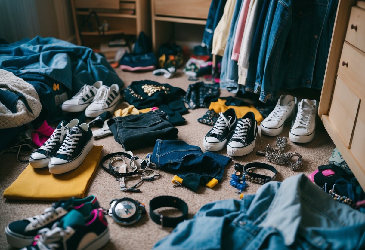 A cluttered bedroom floor with scattered vintage clothing and accessories from the 90s, including platform sneakers, chokers, and oversized denim jackets