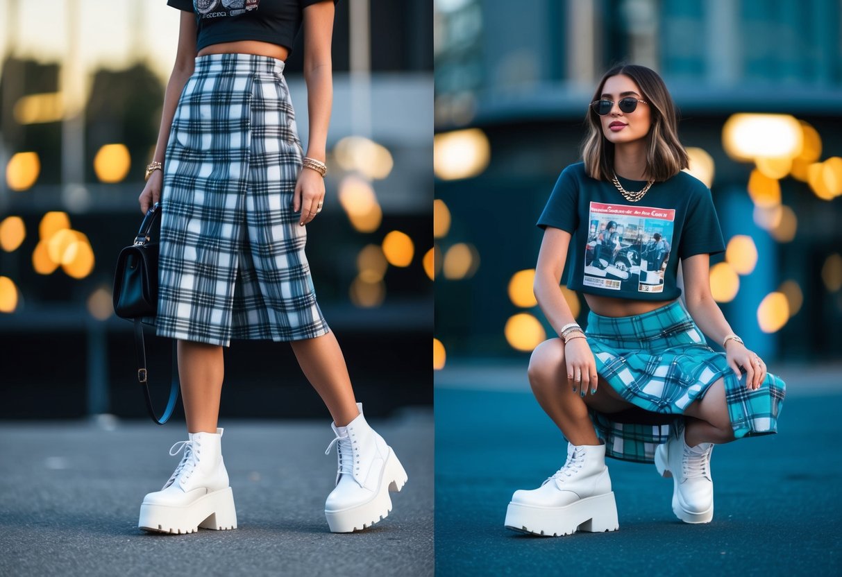 A modern outfit featuring 90s fashion pieces like a plaid skirt, chunky platform shoes, and a cropped graphic tee