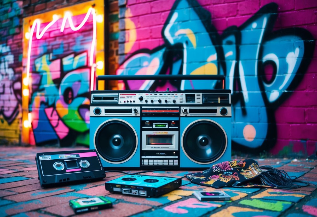 A colorful graffiti-covered brick wall with a boombox, cassette tapes, and iconic fashion pieces scattered around. Neon lights and graffiti art in the background