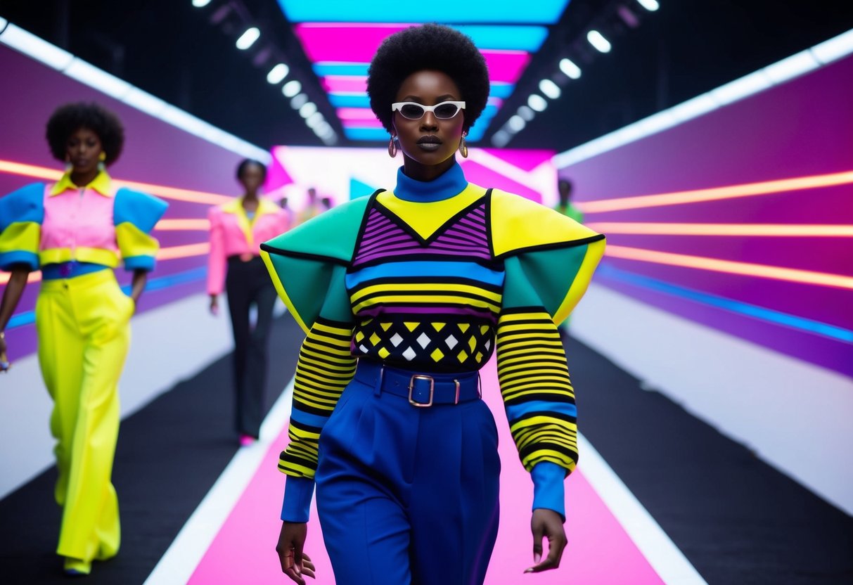 A colorful and bold 80s fashion runway with neon lights, geometric patterns, oversized shoulder pads, and high-waisted pants