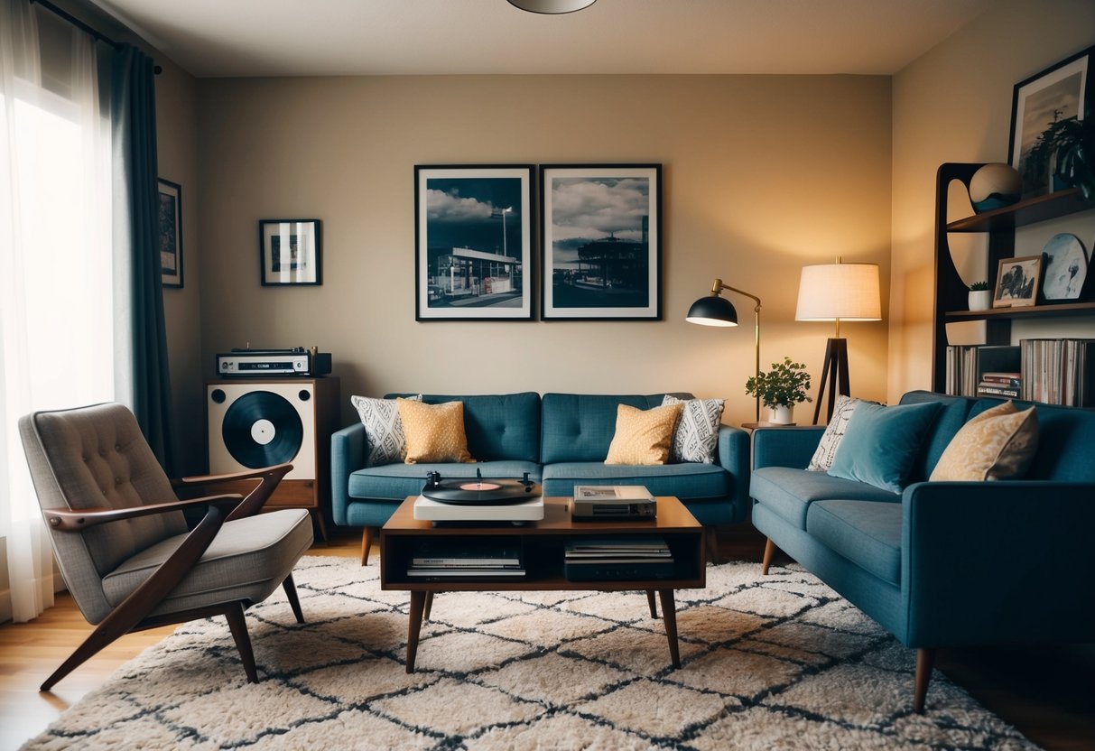 A cozy living room with mid-century modern furniture, vintage record player, and a mix of retro and modern decor. Warm lighting and a relaxed atmosphere