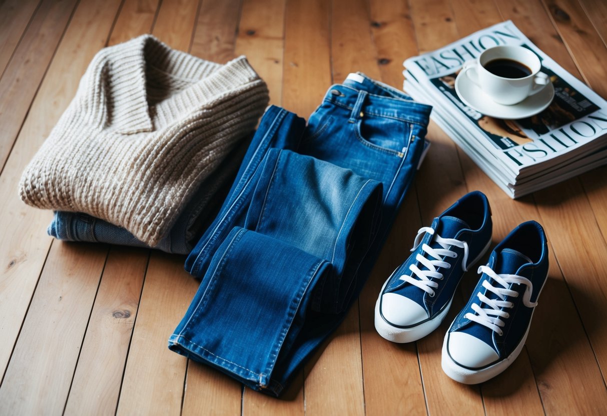 A cozy sweater, denim jeans, and stylish sneakers laid out on a wooden floor next to a stack of fashion magazines and a cup of coffee