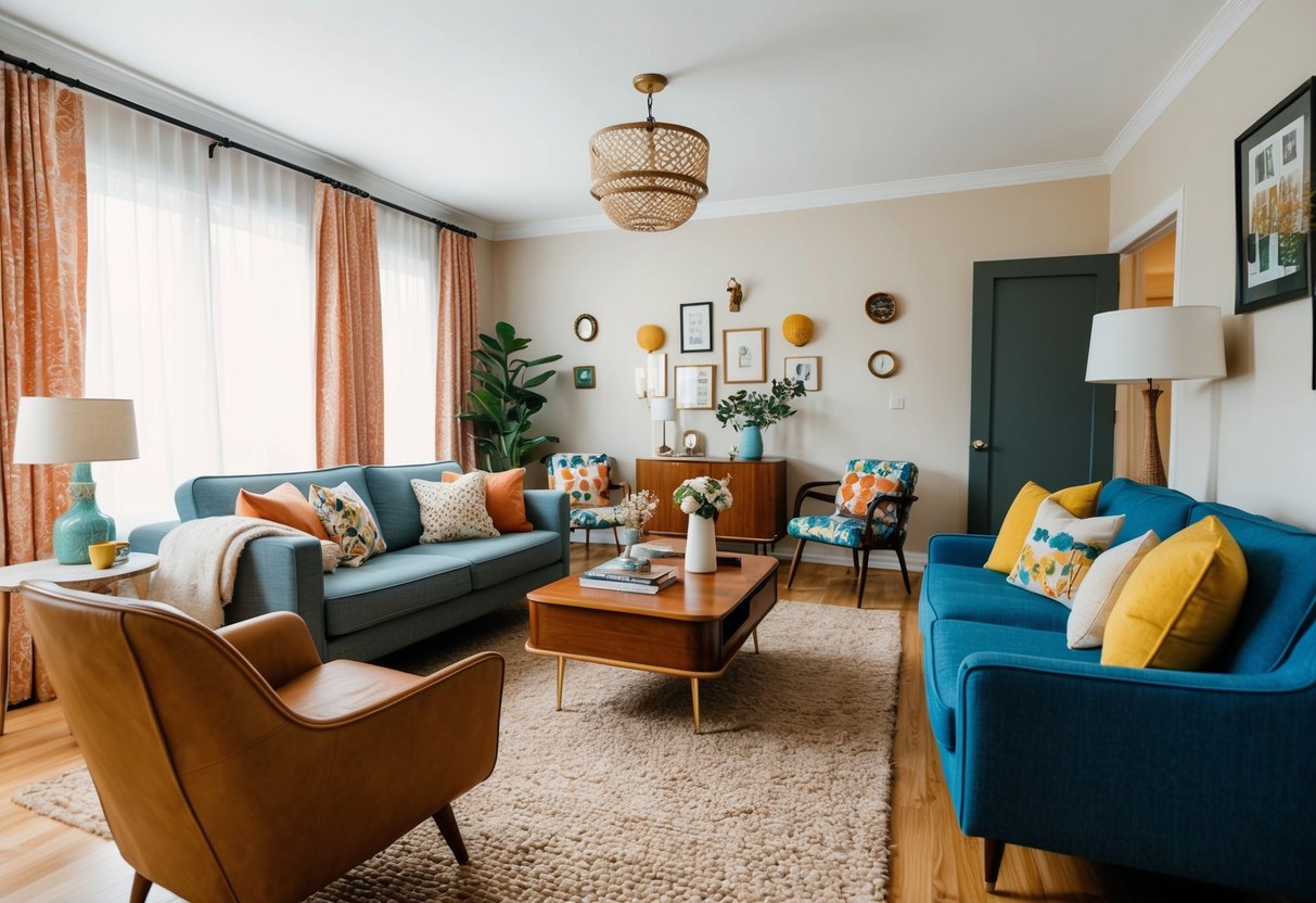 A cozy living room with a mix of retro and casual furniture, featuring vintage accents and modern decor