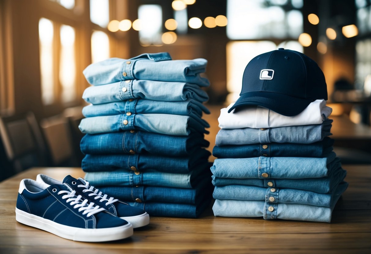 A stack of folded denim jeans and casual shirts arranged on a wooden table. A pair of sneakers and a baseball cap complete the laid-back weekend look