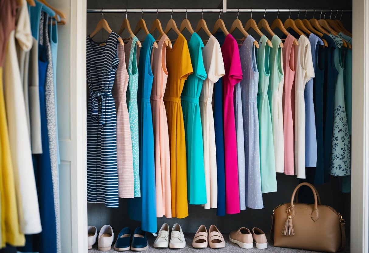 A closet filled with a variety of casual dresses in different colors and styles, hanging neatly on hangers. A pair of comfortable shoes and a stylish bag are placed nearby