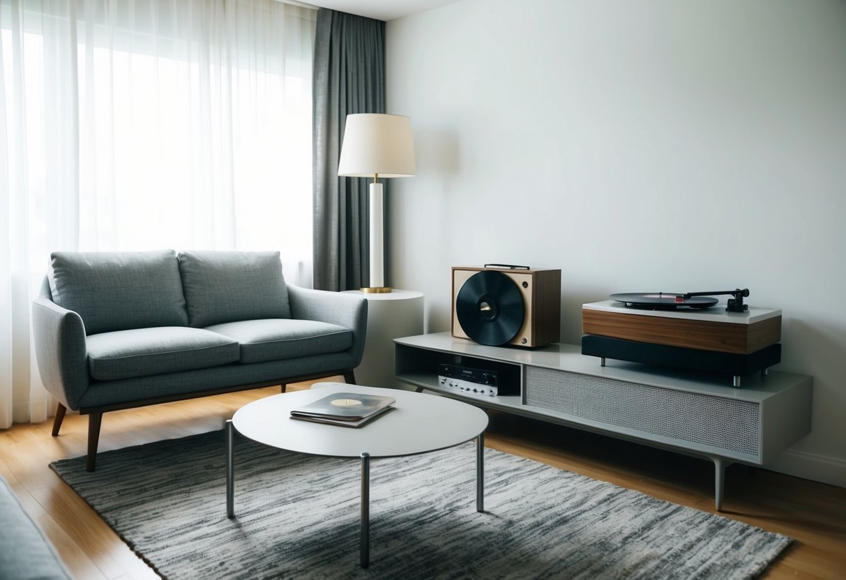 A cozy living room with a mid-century modern sofa and a vintage record player alongside a sleek, minimalist coffee table and a modern rug