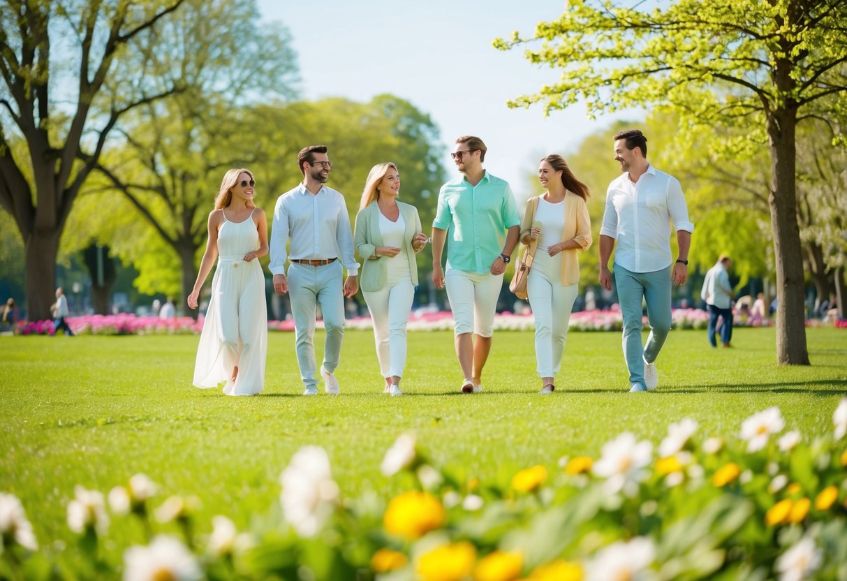 A sunny park with people in light, breezy clothing, surrounded by blooming flowers and greenery