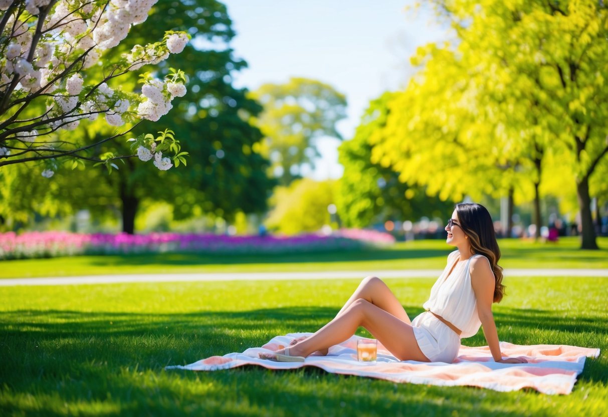 A sunny park with blooming flowers and lush green trees. A person wearing a light, breezy outfit lounging on a picnic blanket