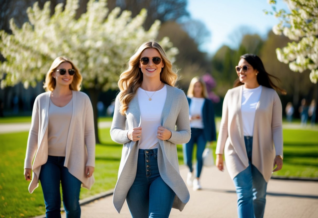 A sunny park with people wearing light jackets and flowy cardigans over their casual outfits, with blooming flowers and greenery in the background