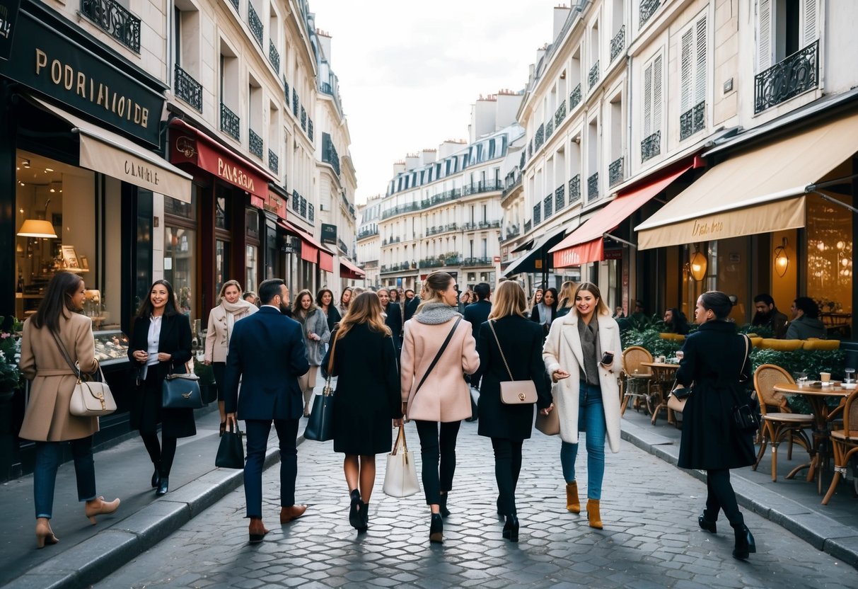 A bustling Parisian street with stylishly dressed people walking past charming cafes and boutiques