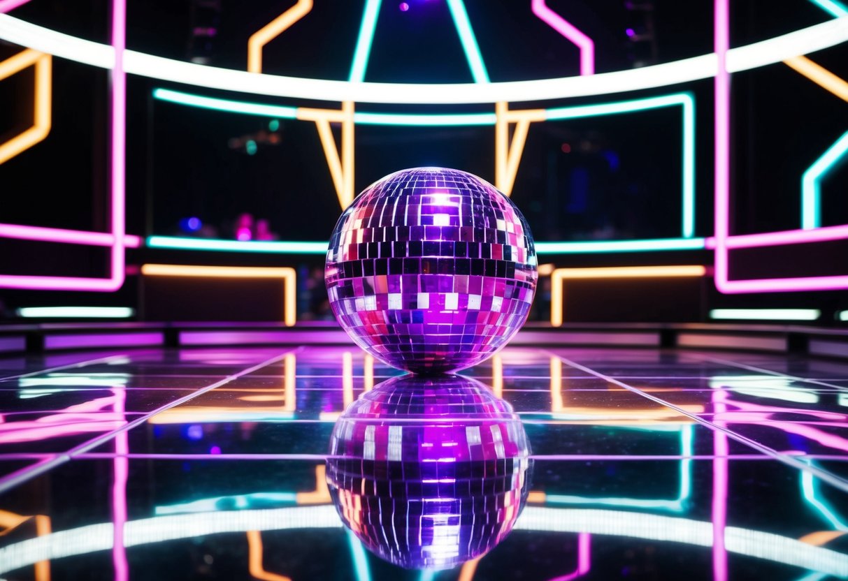 A vibrant disco ball reflects off a mirrored dance floor, surrounded by neon lights and bold geometric patterns, capturing the essence of 1970s retro glam