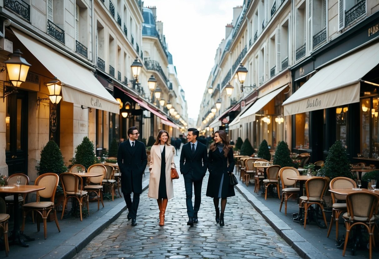 A cobblestone street lined with charming cafes, fashionably dressed figures stroll beneath the soft glow of street lamps, exuding effortless Parisian chic