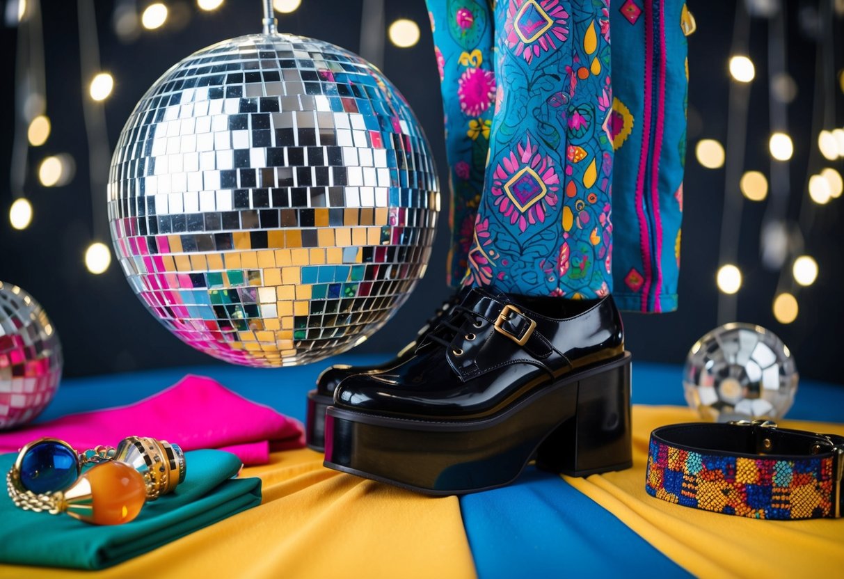 A disco ball reflects onto a platform shoe and bell-bottom pants, surrounded by colorful patterned fabrics and retro accessories