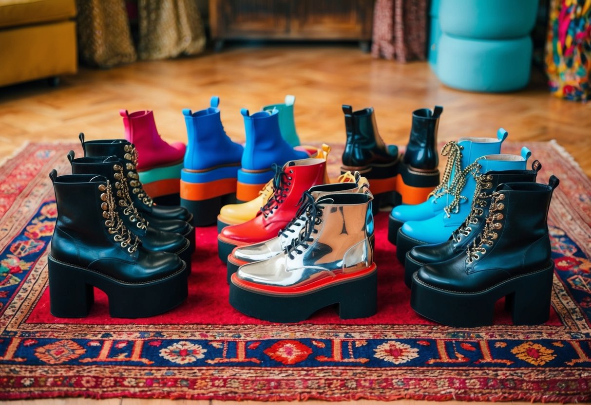 A colorful display of platform shoes, chunky boots, and retro glam accessories arranged on a vintage rug