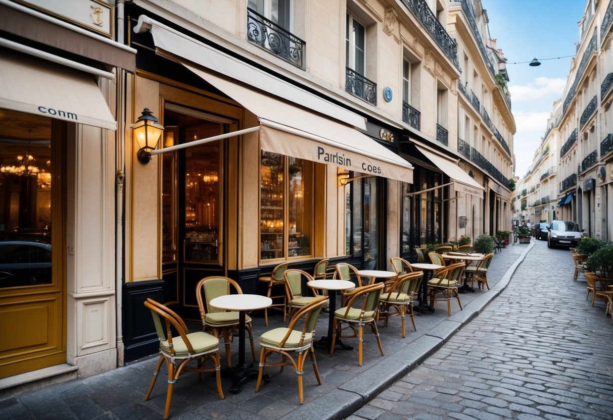 A cozy café with bistro chairs and tables, surrounded by charming cobblestone streets and elegant storefronts in a bustling Parisian neighborhood