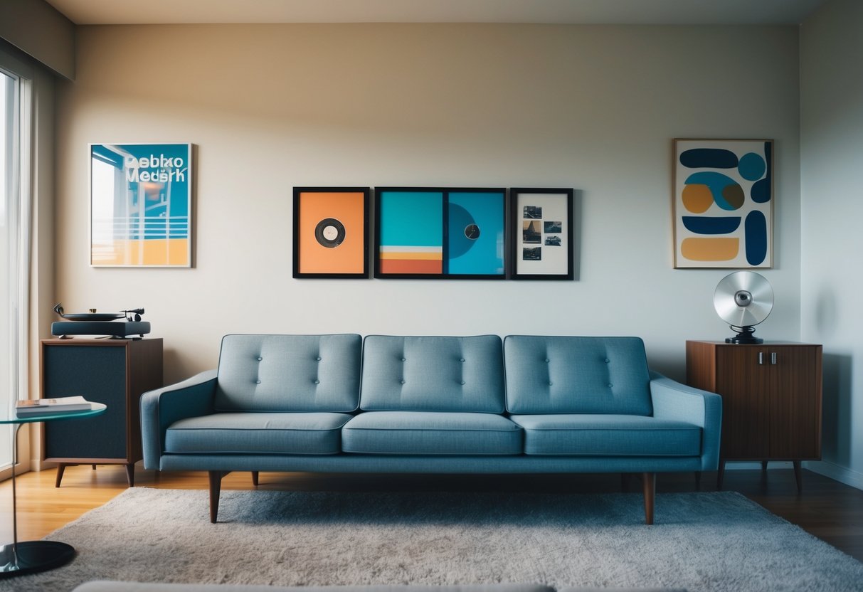 A mid-century modern living room with a sleek sofa, vintage record player, and retro-inspired artwork on the walls