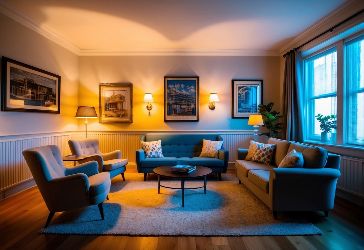 A cozy living room with a mix of vintage and modern furniture, illuminated by warm, soft lighting. Vintage artwork adorns the walls, adding a touch of retro charm to the space