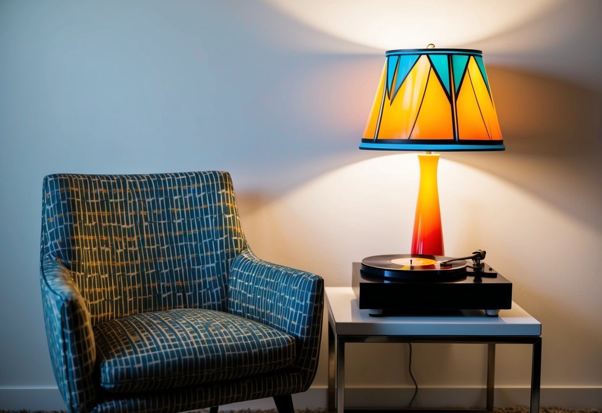 A mid-century modern armchair with a geometric pattern sits next to a vintage record player on a sleek, minimalist side table. A retro-style lamp with a bold, colorful shade illuminates the scene