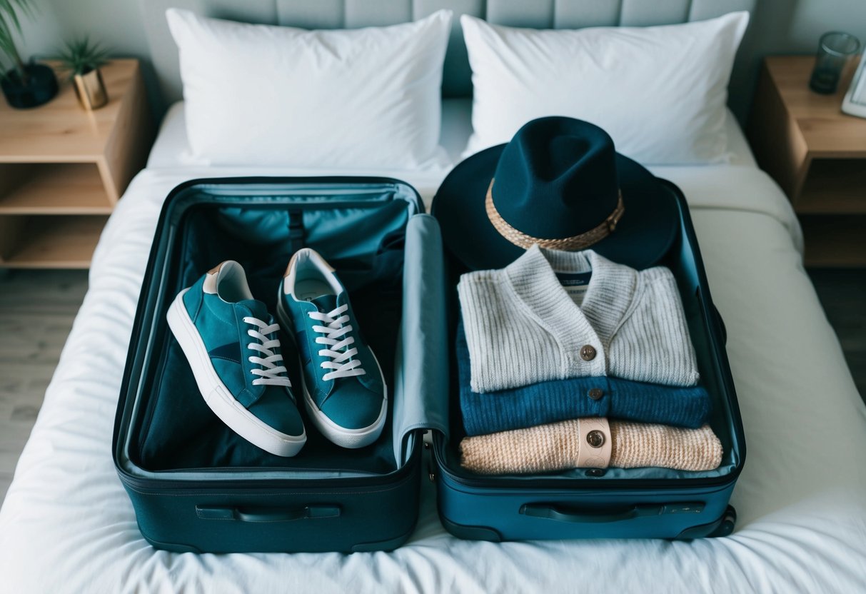 A traveler's suitcase open on a bed, with neatly folded clothes, a pair of stylish sneakers, a cozy cardigan, and a chic hat