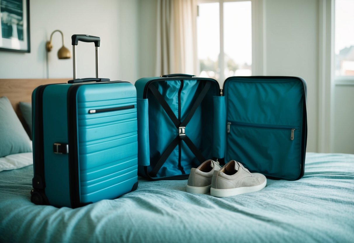 A traveler's suitcase open on a bed, with neatly folded bottoms and comfortable shoes nearby