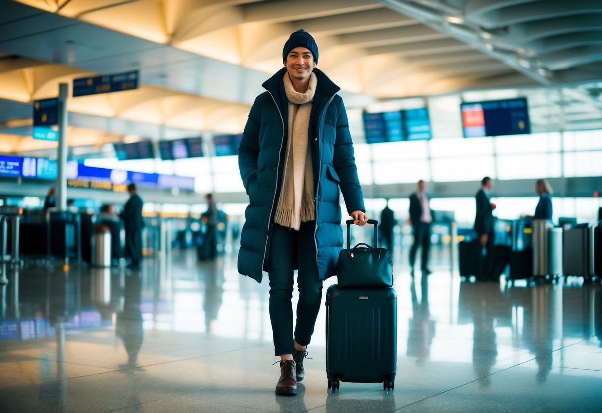 A traveler stands at the airport, wearing a stylish coat and comfortable layers, with a carry-on bag at their feet. The bustling terminal provides a backdrop for the transition from plane to destination