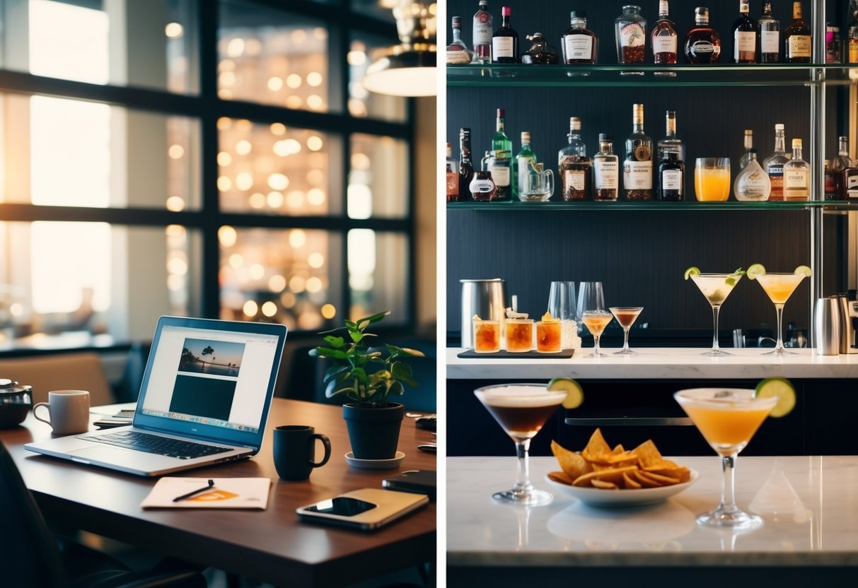 A cluttered desk with a laptop, coffee mug, and potted plant transitions to a sleek bar with cocktails and bar snacks