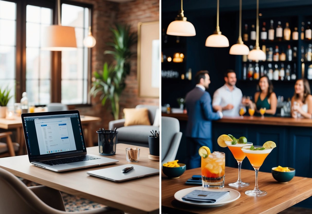 A cozy home office setup with a desk, laptop, and a comfortable chair transitioning to a stylish and lively happy hour setting with a bar, cocktails, and friends mingling in the background