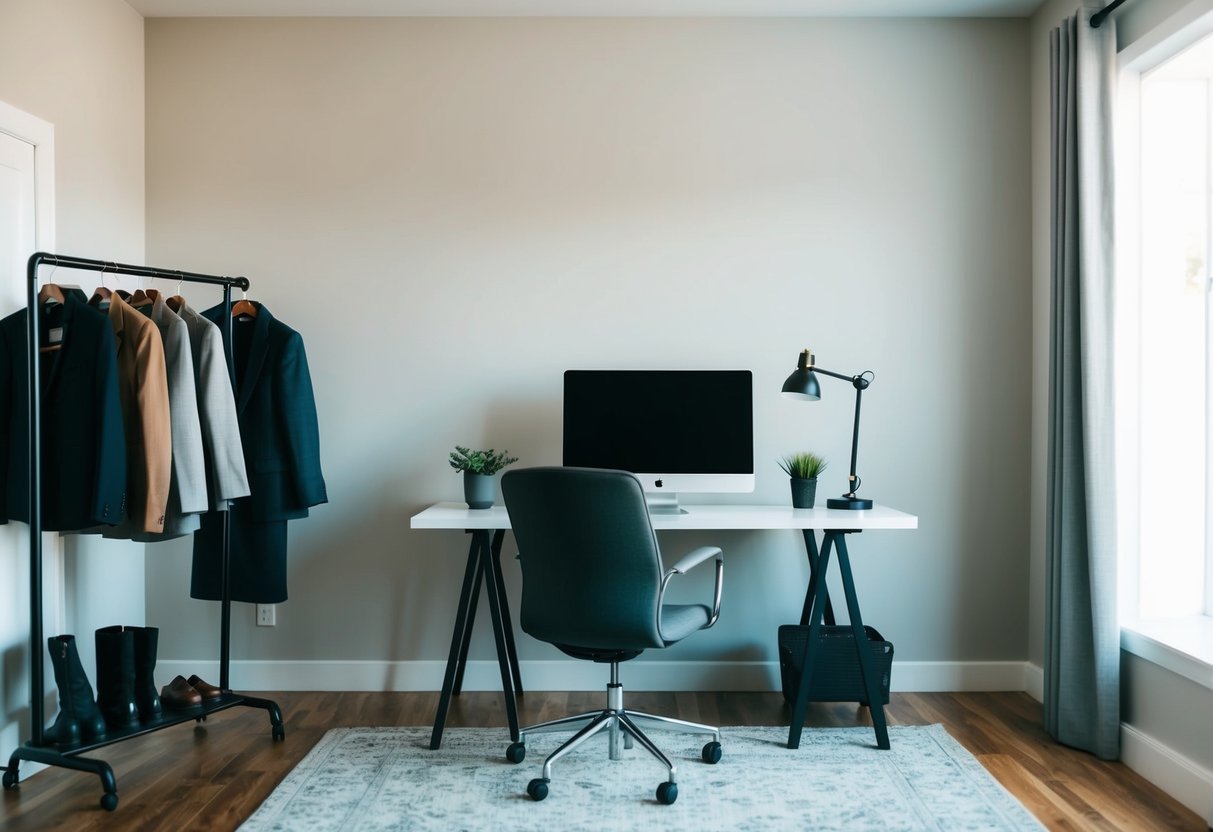 A person's home office setup with a desk, computer, and comfortable chair. A nearby coat rack holds a variety of outerwear options, from casual jackets to stylish blazers