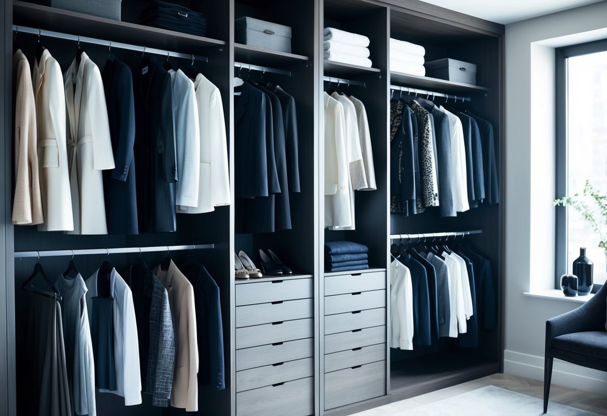 A sleek and organized wardrobe with carefully curated pieces neatly arranged on hangers and shelves, exuding a sense of timeless elegance and sophistication