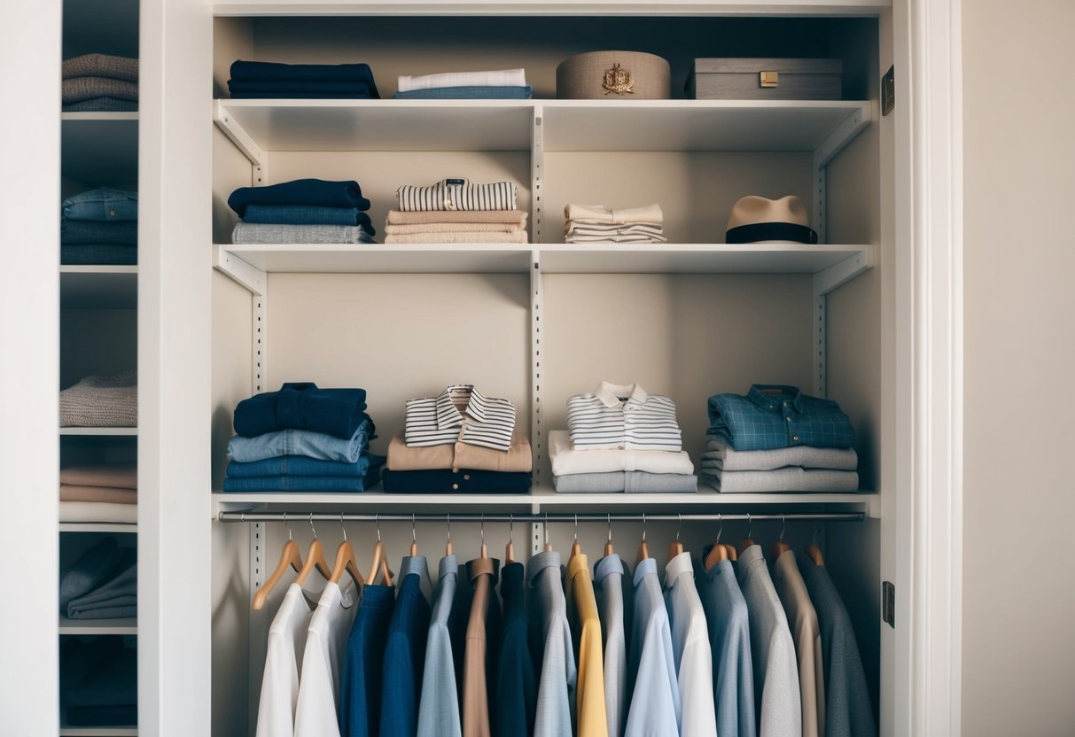 A neatly organized closet with a limited selection of classic, high-quality clothing items neatly folded and hung