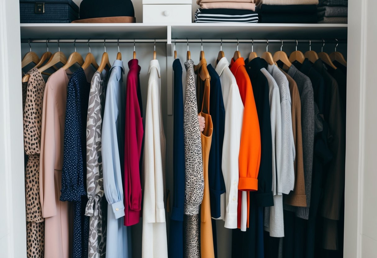 A well-organized closet with carefully curated clothing items in coordinating colors and patterns, exuding a sense of timeless elegance and sophistication